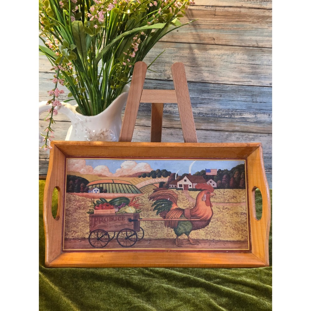 😎Vintage Rooster Folk Art Wooden Serving Tray Farmhouse Country Decor